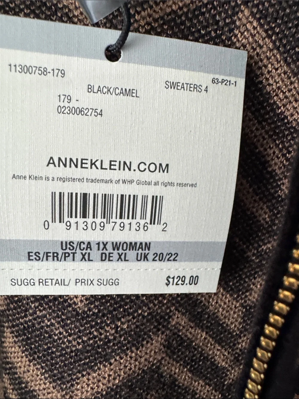 Anne Klein Black and Tan Geometric Zip-Front Turtleneck Sweater - Picture 3 of 9
